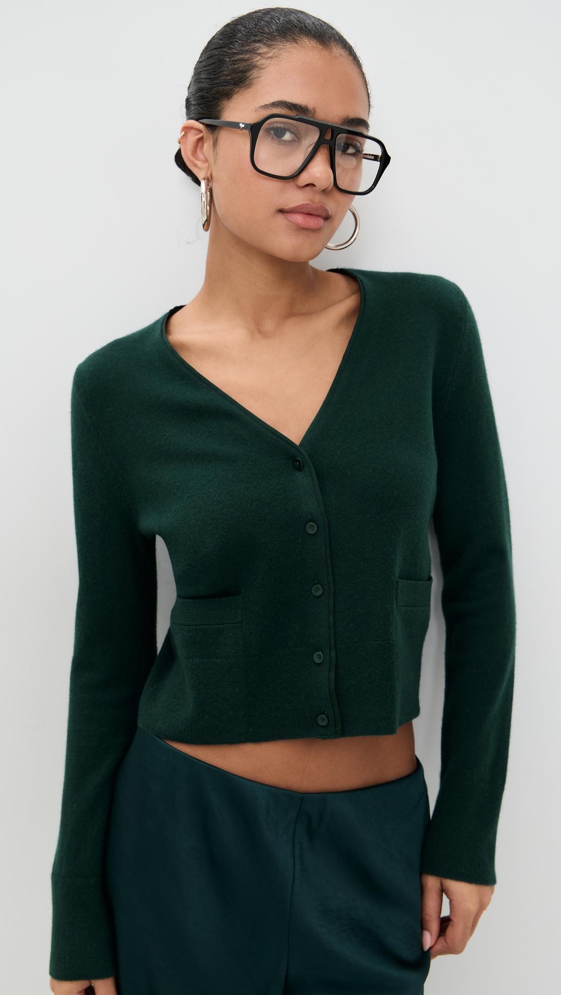 Satin Button Placket V Neck Cardigan by VINCE