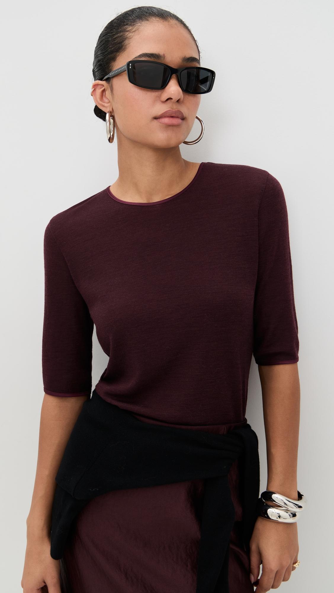 Satin Trim Elbow Sleeve Crew by VINCE
