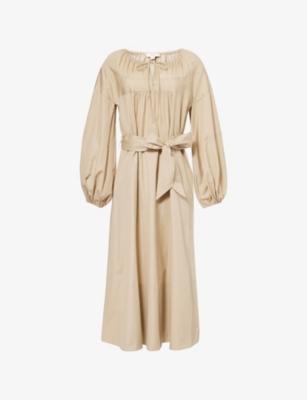 Shirred-Neck Long-Sleeve Cotton Dress by VINCE