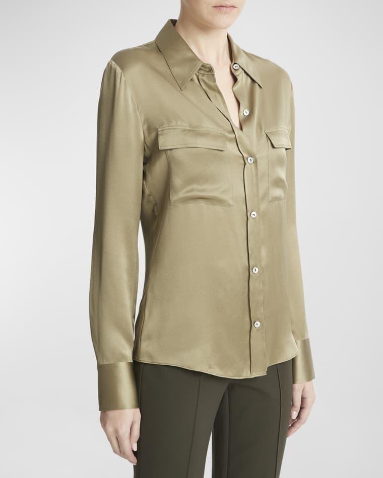 Silk Chest Pocket Long-Sleeve Blouse by VINCE