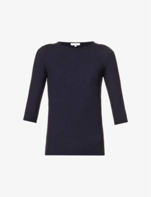 Three quarter-length sleeve ribbed stretch-woven top by VINCE