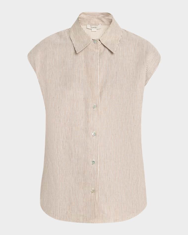 Ticking Stripe Cap-Sleeve Blouse by VINCE