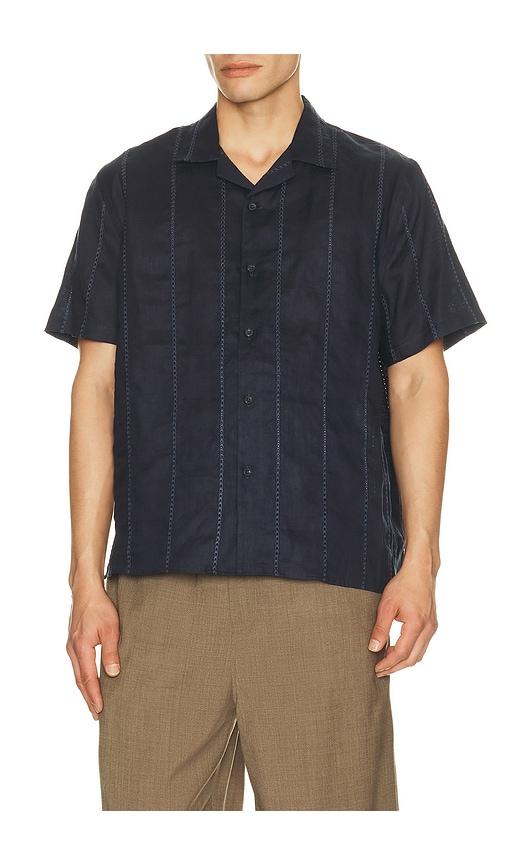 Vince Linen Eyelet Stripe Short Sleeve Cabana Shirt in Blue by VINCE