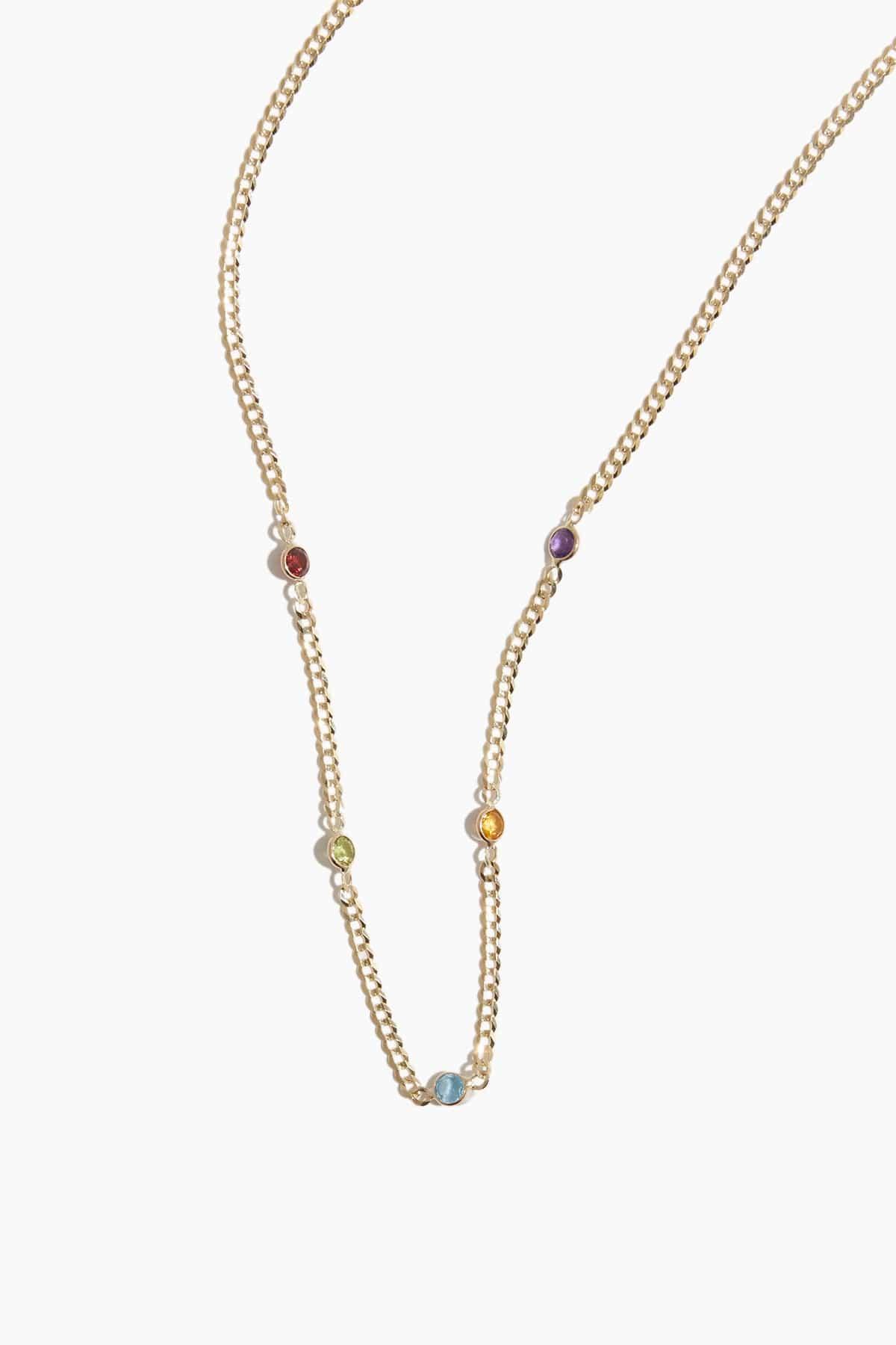 Multi Gem Bezel Curb Link Necklace in 14k Yellow Gold by VINTAGE LA ROSE