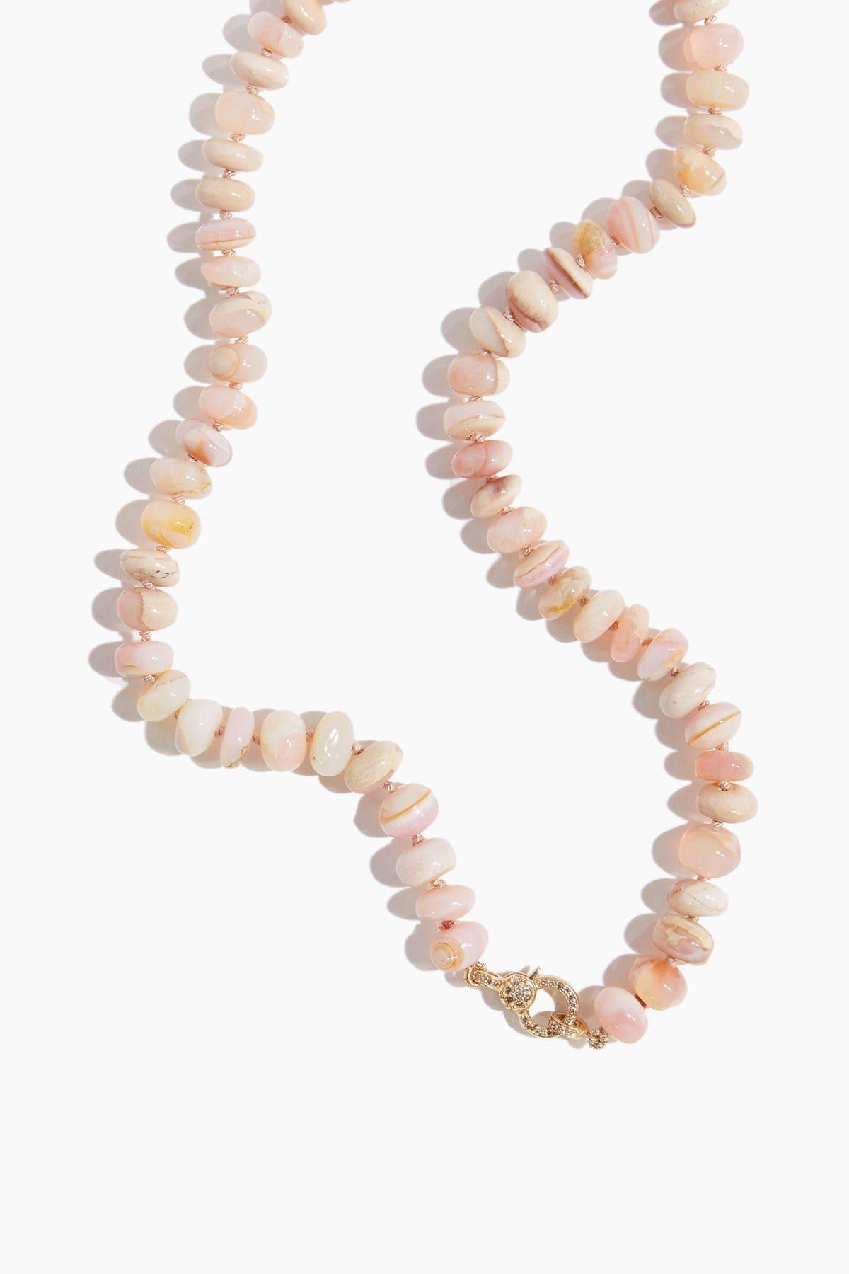 Pink Opal Knotted Chain with Pave Clasp in 14k Yellow Gold by VINTAGE LA ROSE