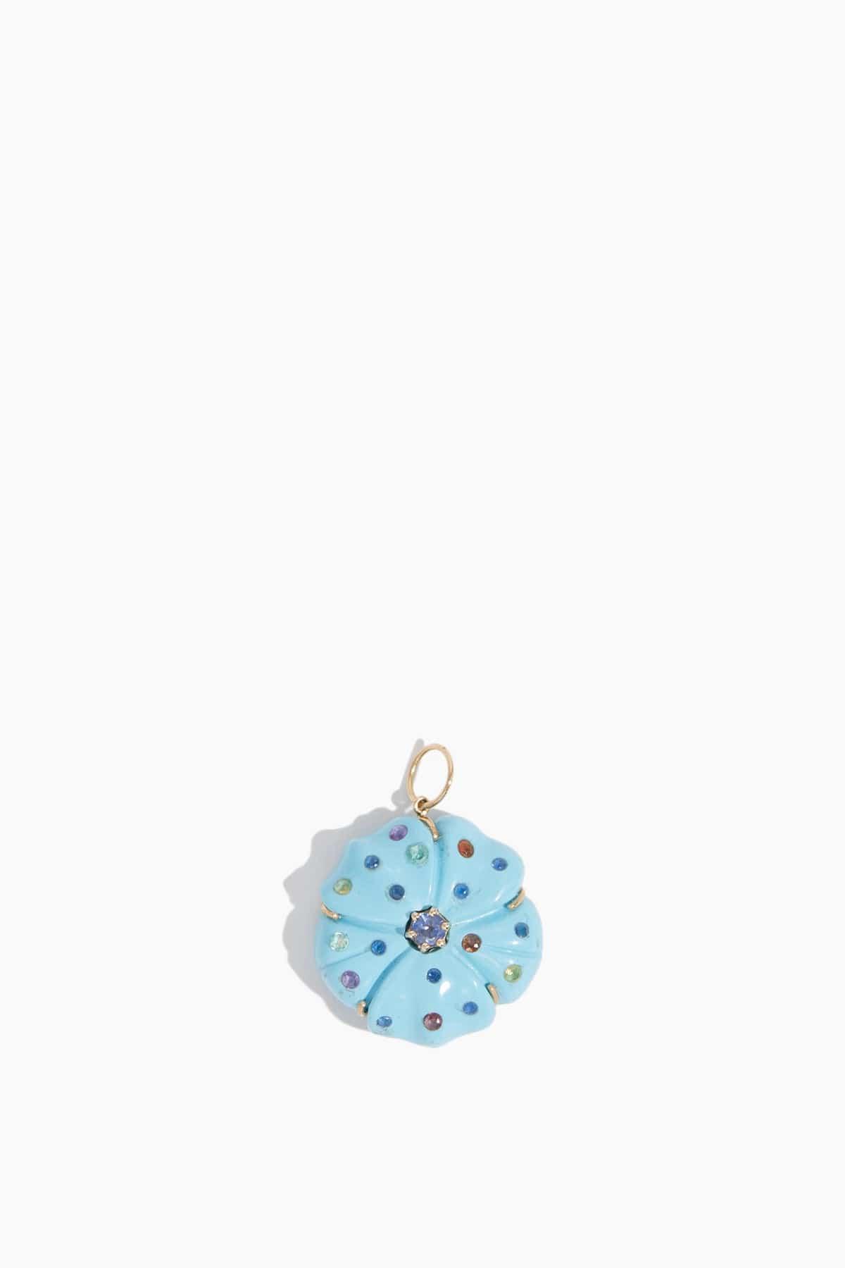 Turquoise Flower with Sapphire Sprinkles in 14k Yellow Gold by VINTAGE LA ROSE