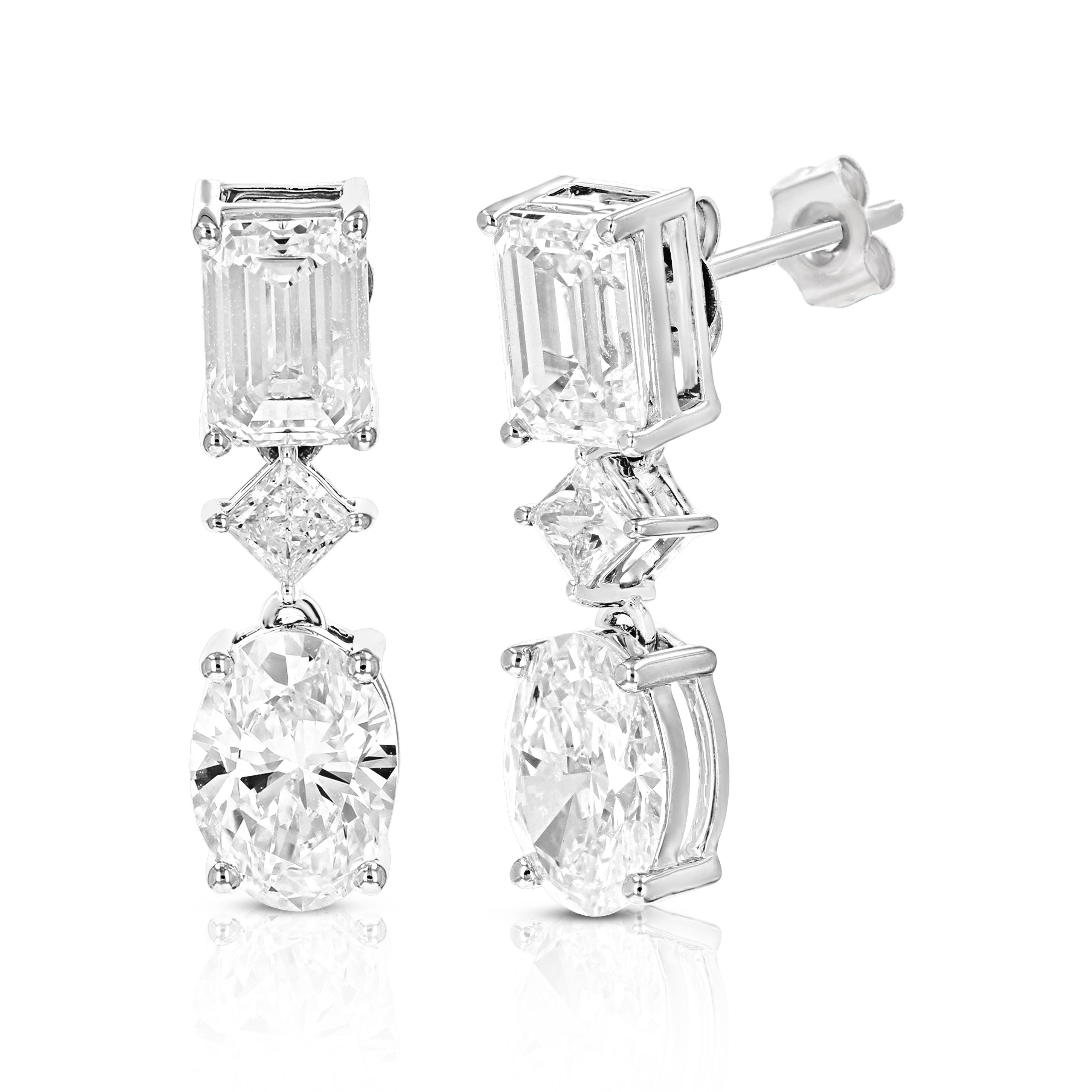 3.15 cttwEmerald and Oval Lab Grown Diamond Dangle Earrings in 14K White Gold With Push Backs For Women by VIR JEWELS