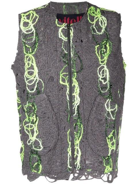 open-knit distressed zipped waistcoat by VITELLI