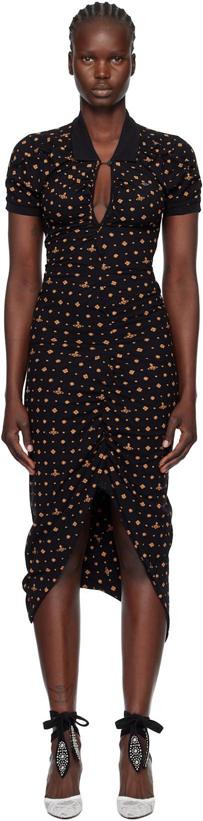 Black Printed Piquet Pulling Midi Dress by VIVIENNE WESTWOOD