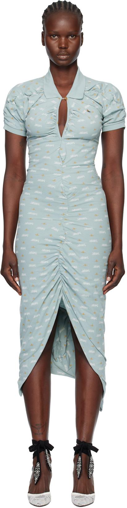 Blue Printed Piquet Pulling Midi Dress by VIVIENNE WESTWOOD