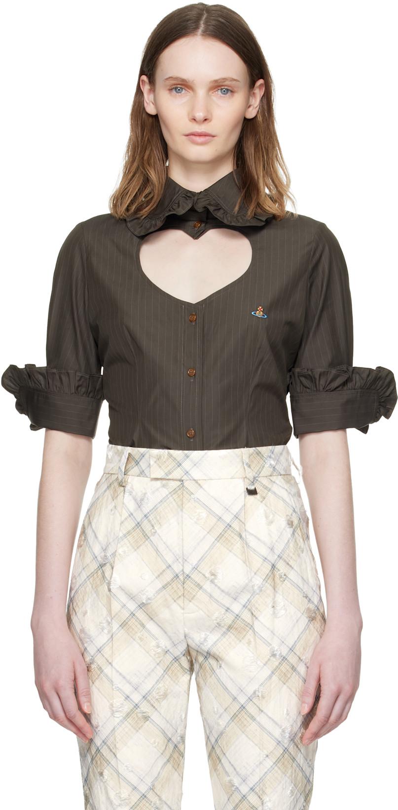 Brown Pinstripe Shirting S/S Toulouse Frill Shirt by VIVIENNE WESTWOOD