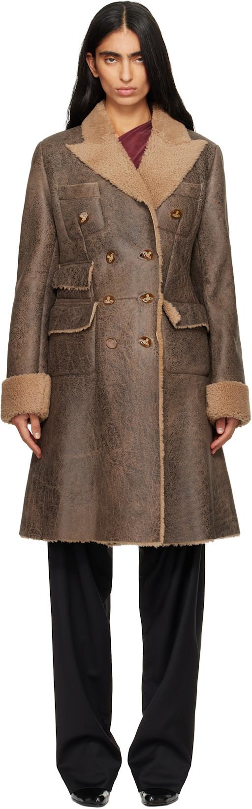 Brown Waisted Db Shearling Coat by VIVIENNE WESTWOOD