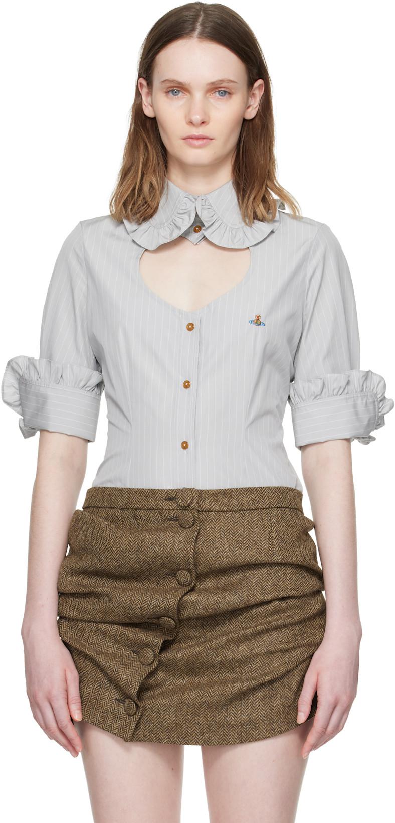 Gray Pinstripe Shirting S/S Toulouse Frill Shirt by VIVIENNE WESTWOOD