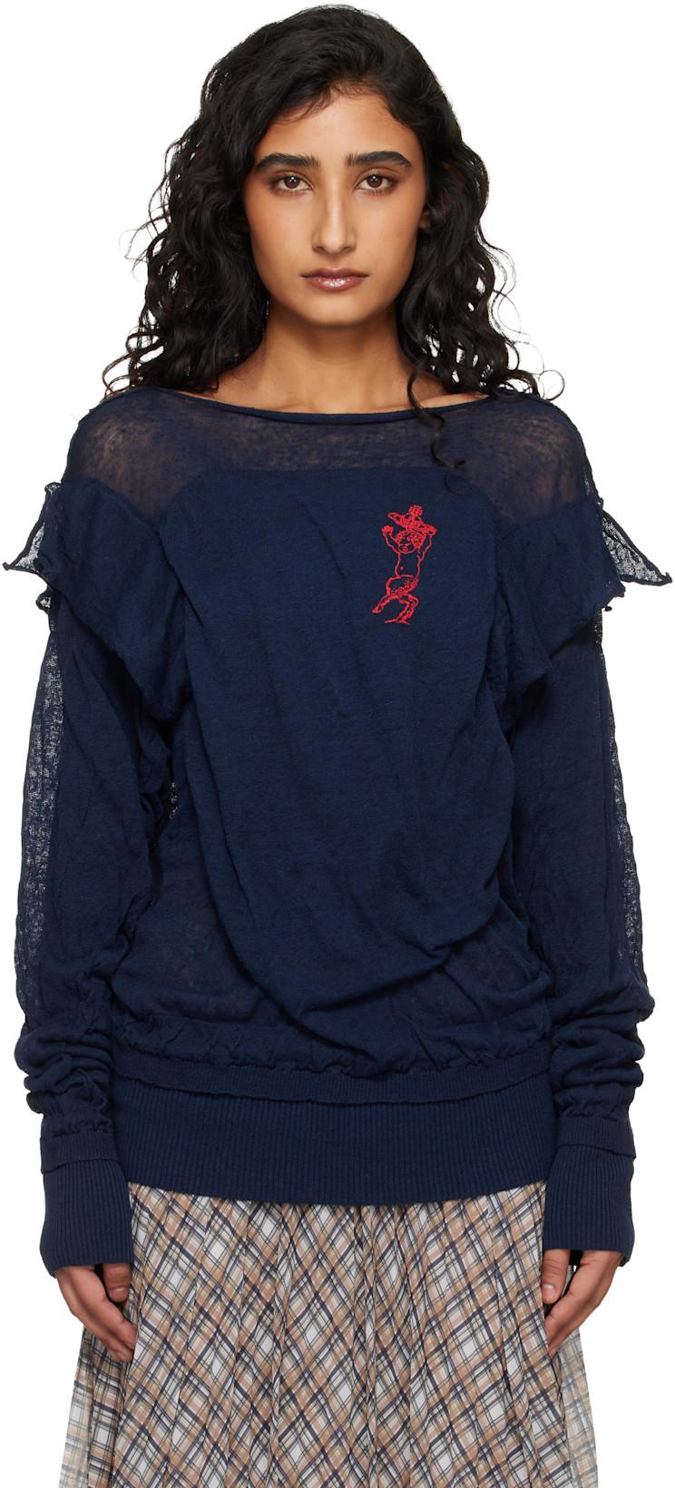 Navy Linen Cotton Blend Crinkled Sweater by VIVIENNE WESTWOOD