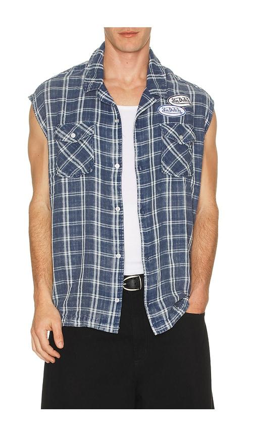 Von Dutch Sleeveless Flannel Button Down Shirt in Navy by VON DUTCH