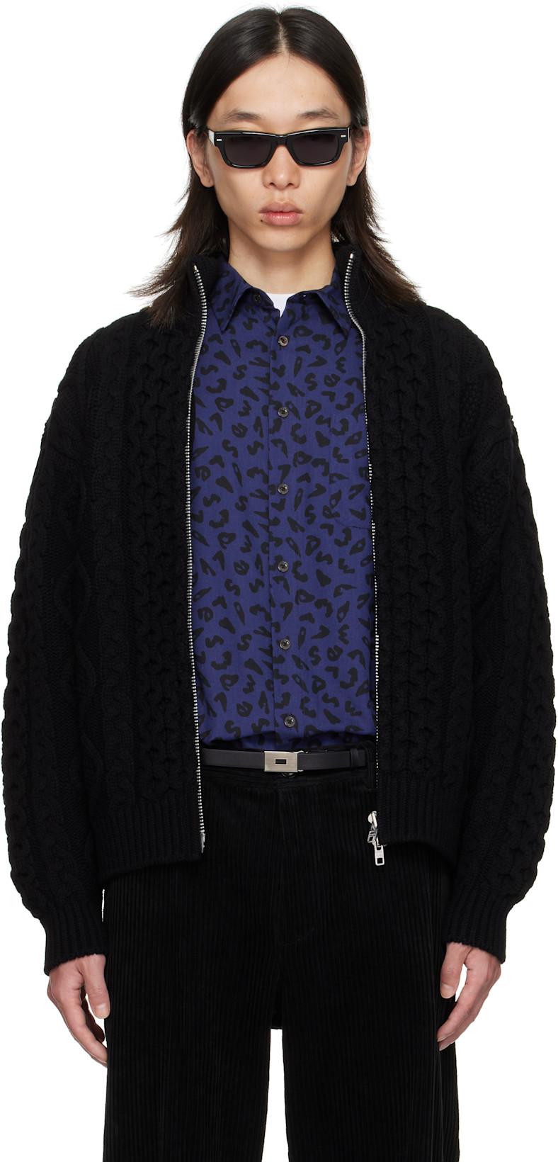 Black Cable Knit Zip Up Sweater by VOWELS