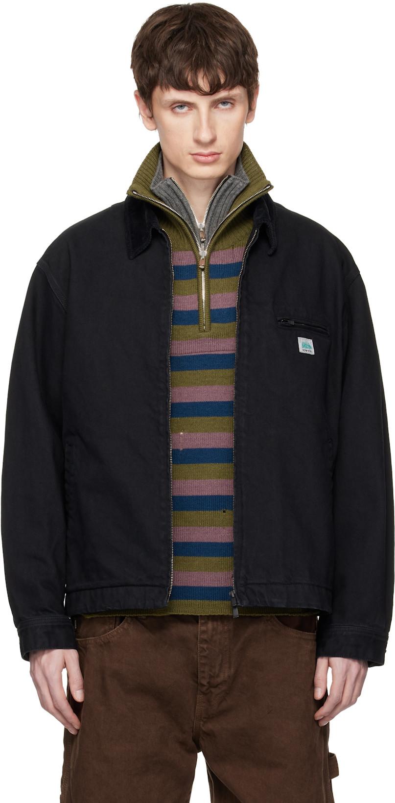 Black Cord Collared Zip-Up Denim Jacket by VOWELS