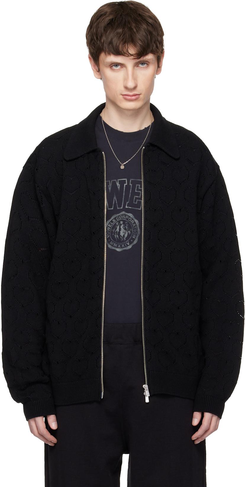 Black Eyelet Knitted Zip-Up Jacket by VOWELS