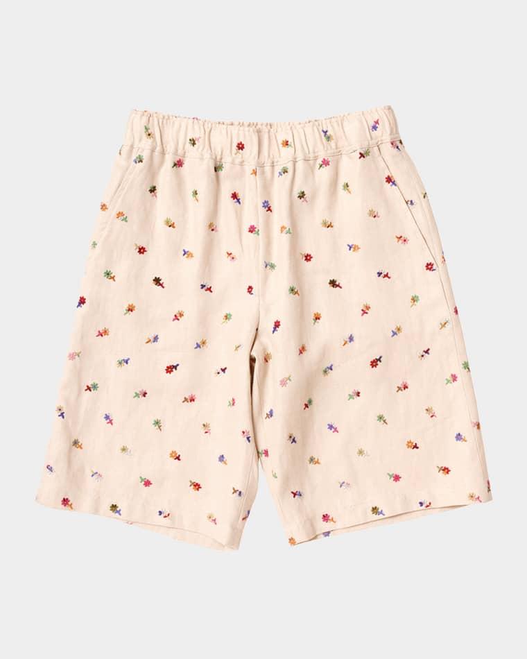 Men's Floral-Embroidered Linen-Blend Pull-On Shorts by VOWELS