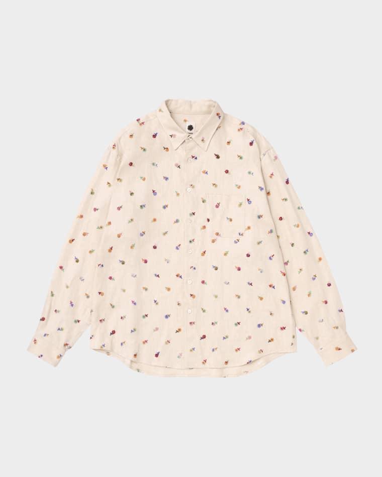 Men's Linen Blend Floral Embroidered Button-Down Shirt by VOWELS