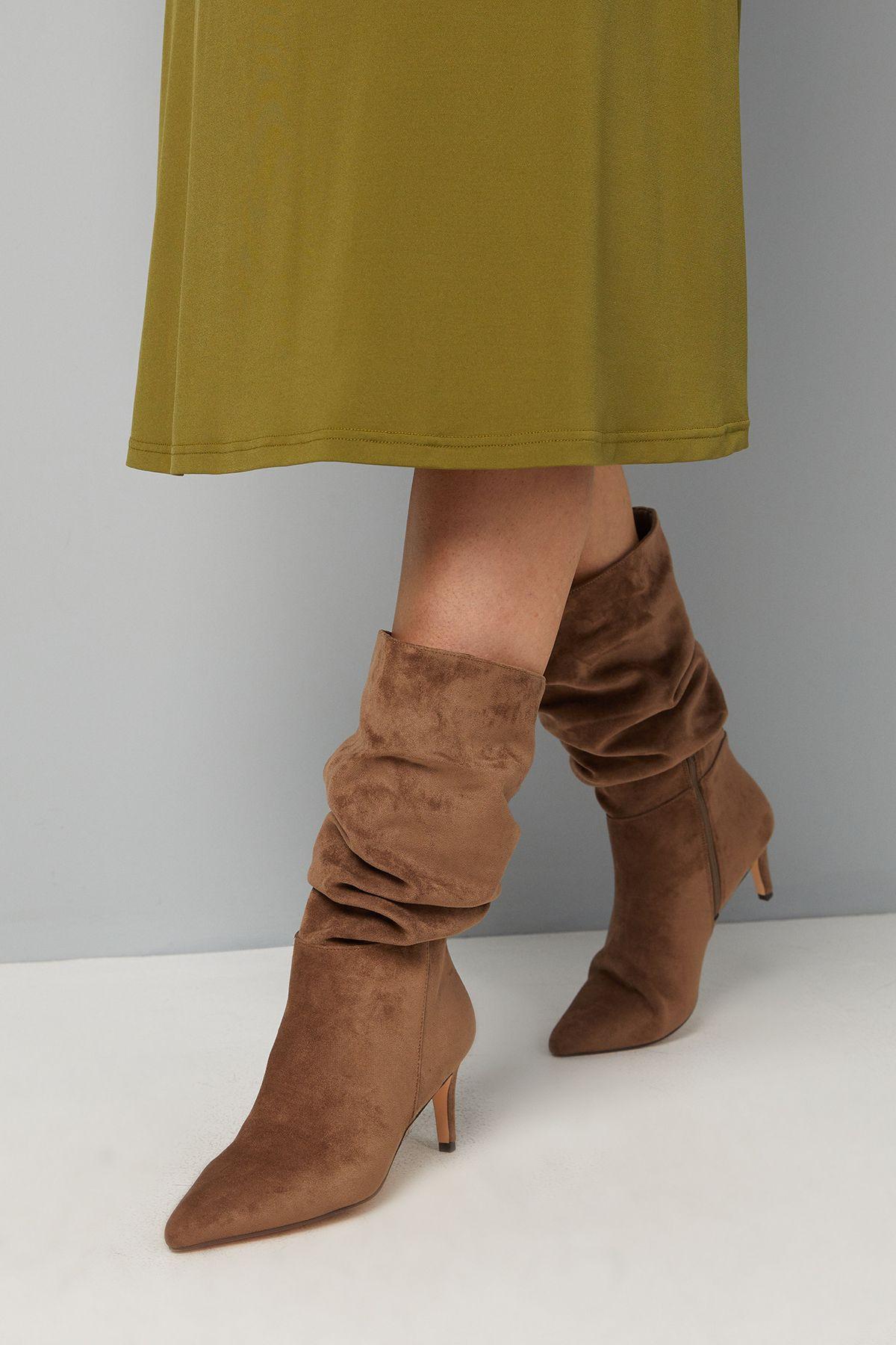 Amelia Faux Suede Ruche Kitten Heel Calf Boots by WALLIS