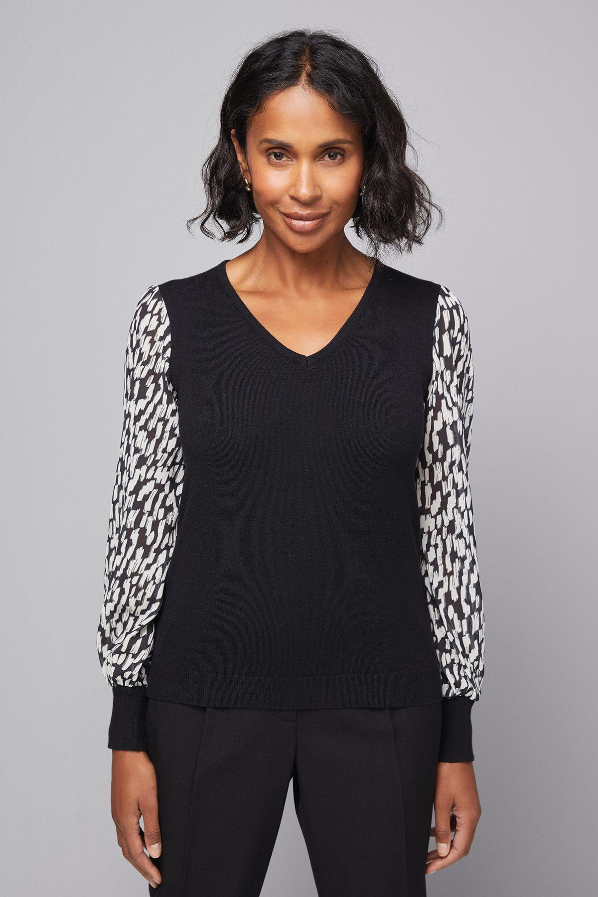 Animal Chiffon Sleeve V Neck Knitted Top by WALLIS