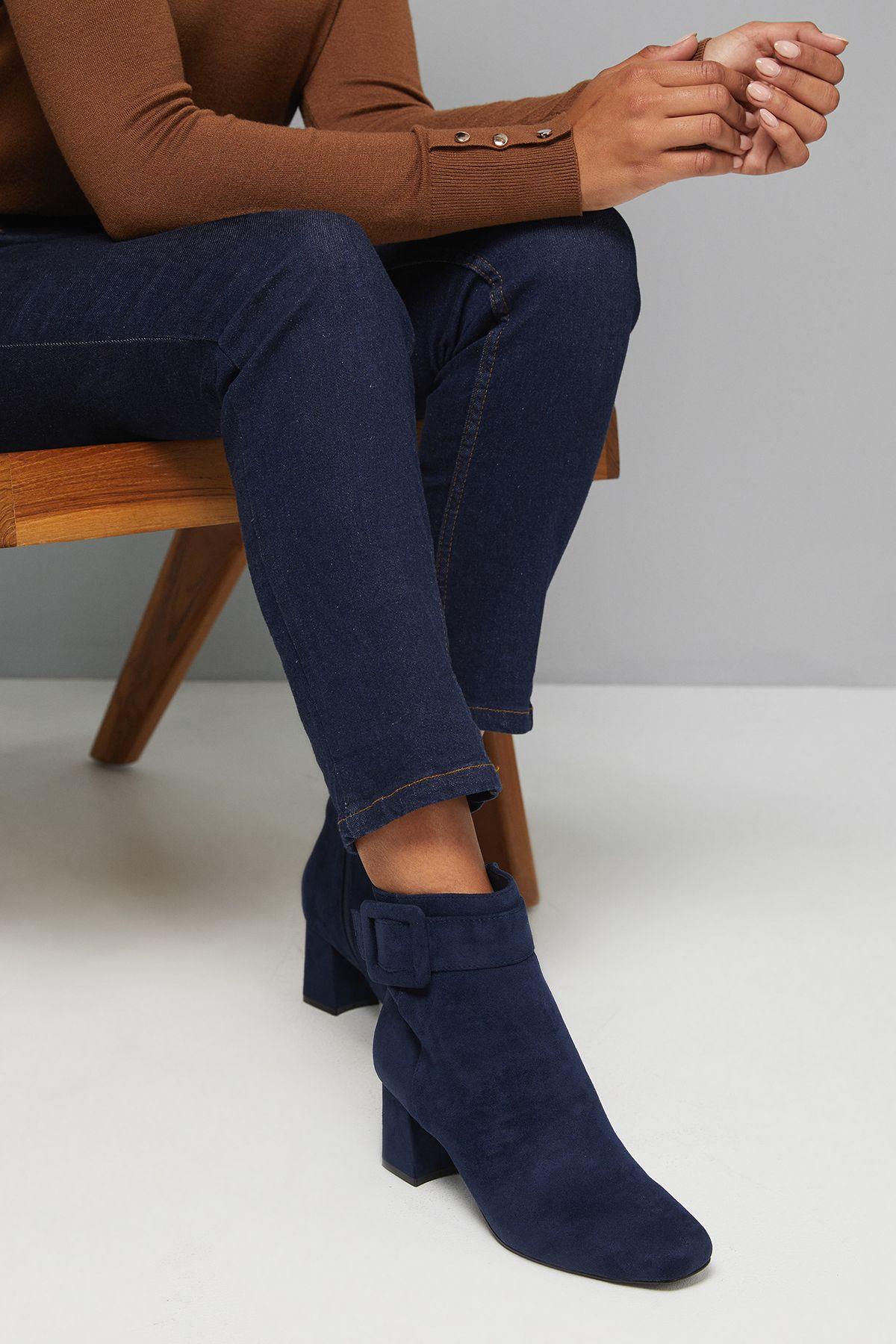 Athena Faux Suede Covered Buckle Square toe Medium Block Heel Ankle Boots by WALLIS