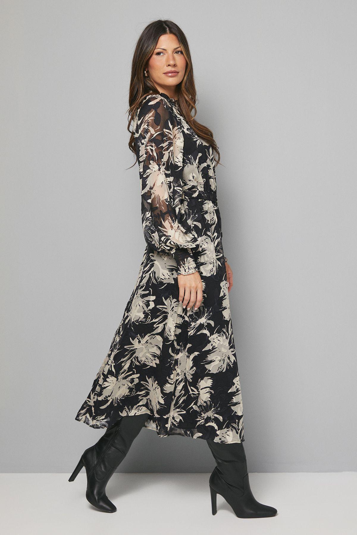 Black Floral Burn Out Shirred Midaxi Dress by WALLIS