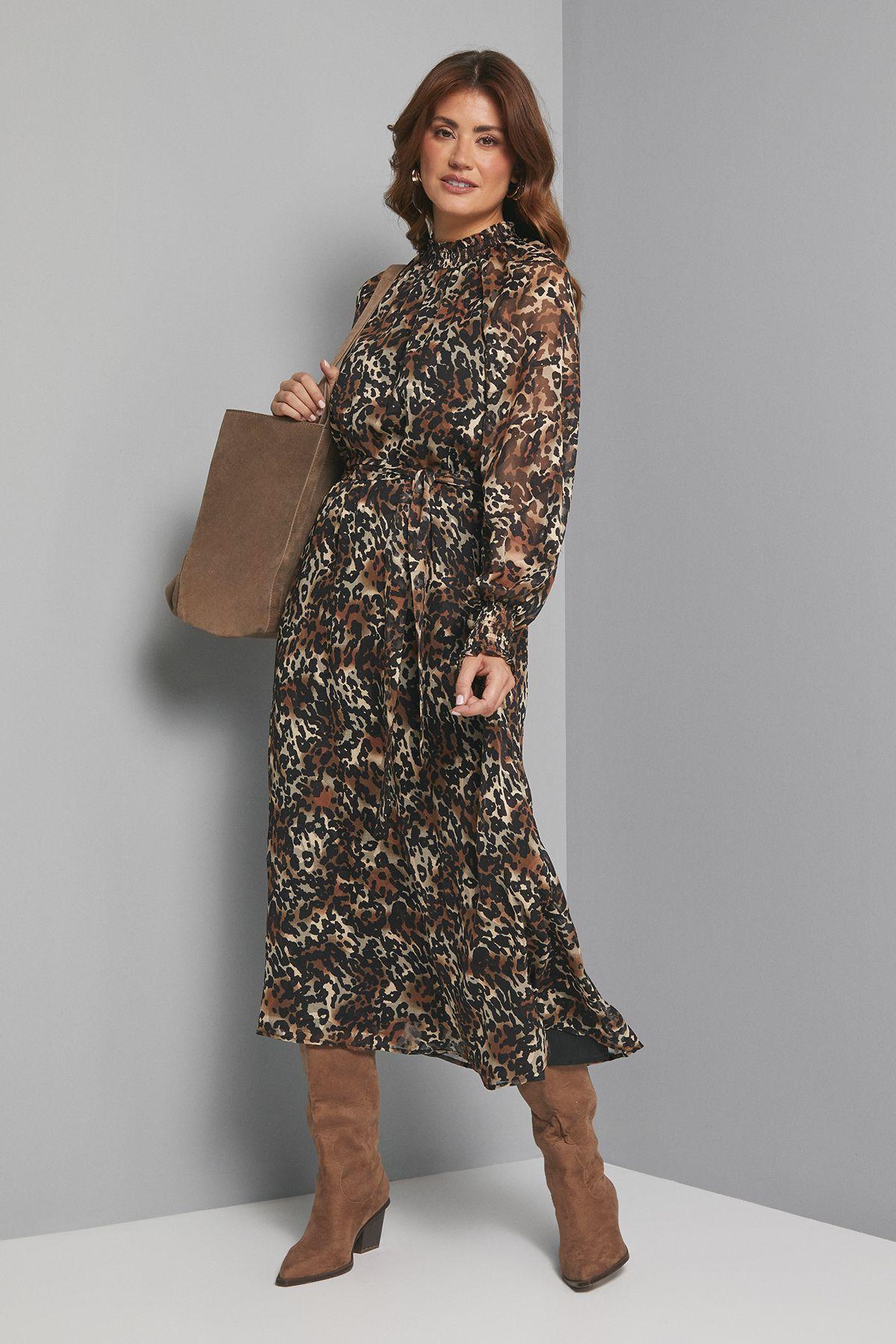 Brown Leopard Burn Out Shirred Midaxi Dress by WALLIS