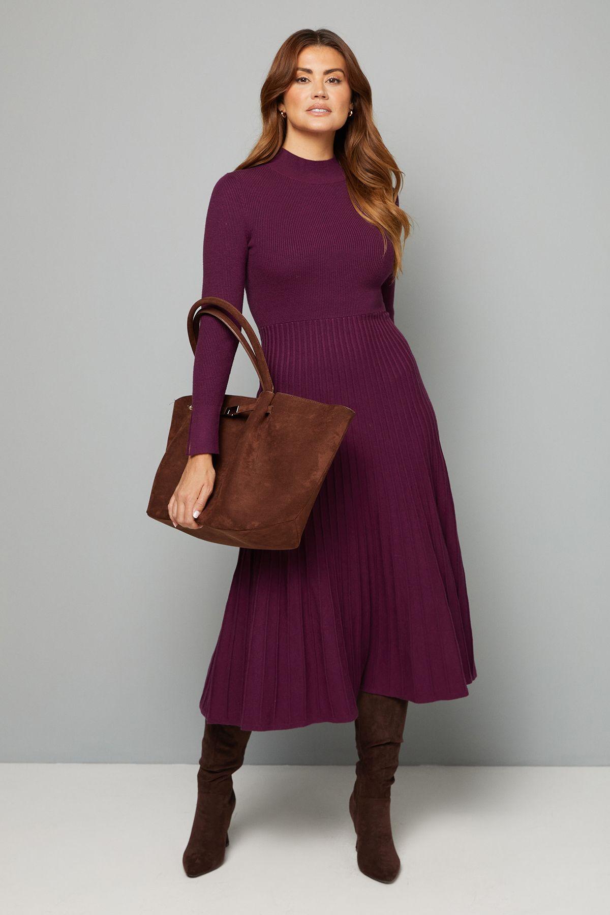 Button Cuff Detail High Neck Pleated Knitted Midaxi Dress by WALLIS
