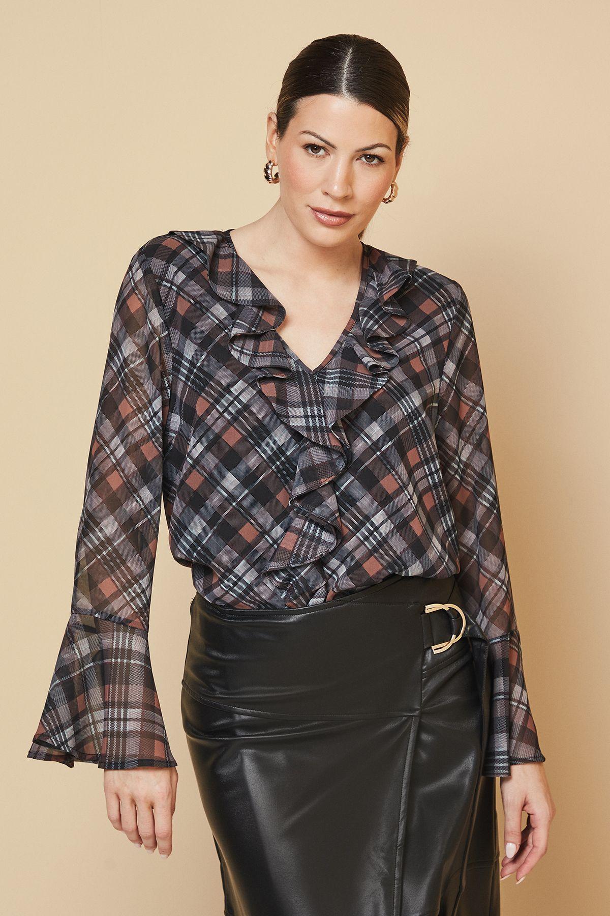 Check Print Ruffle Detail Blouse by WALLIS