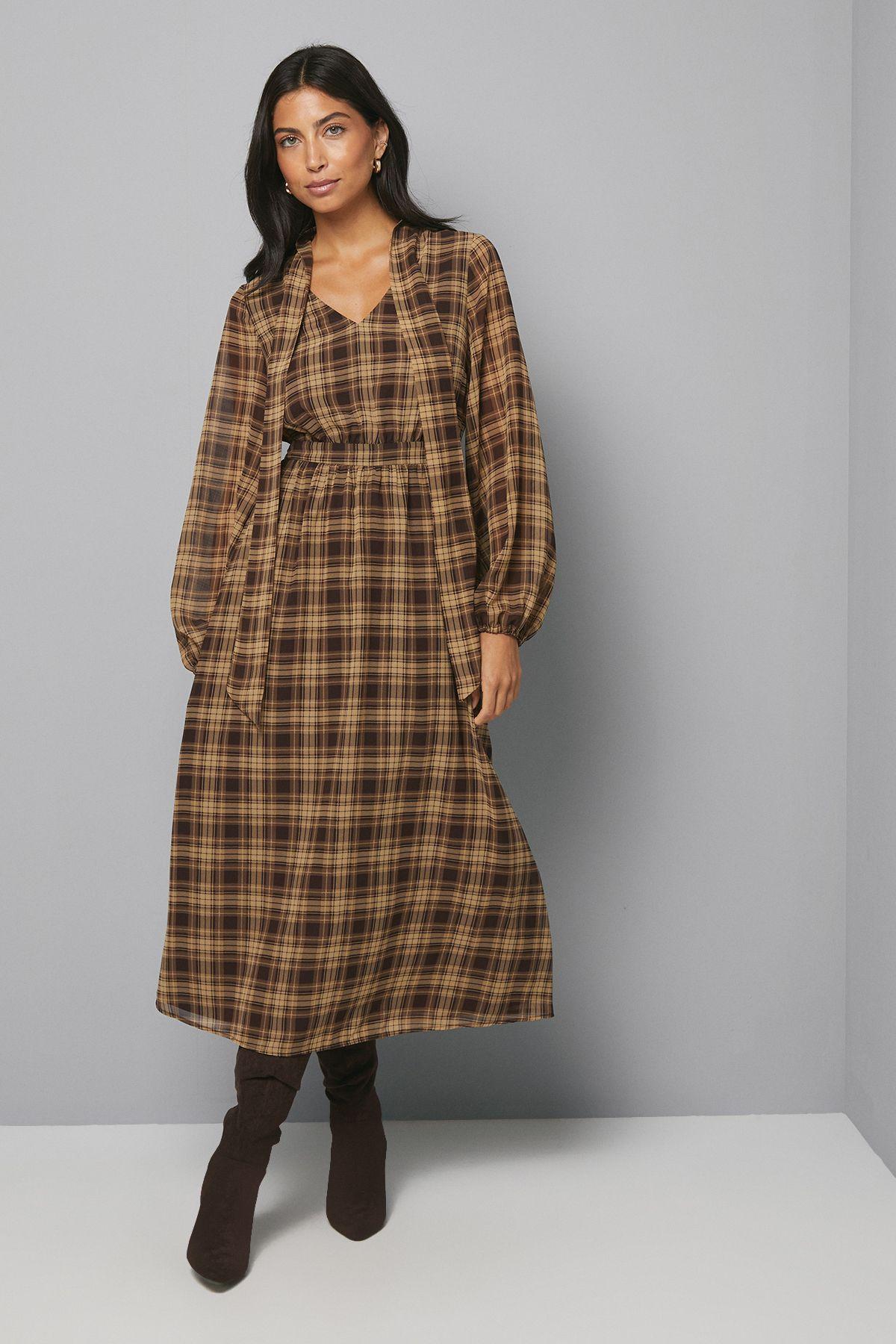Check Tie Neck Midaxi Dress by WALLIS