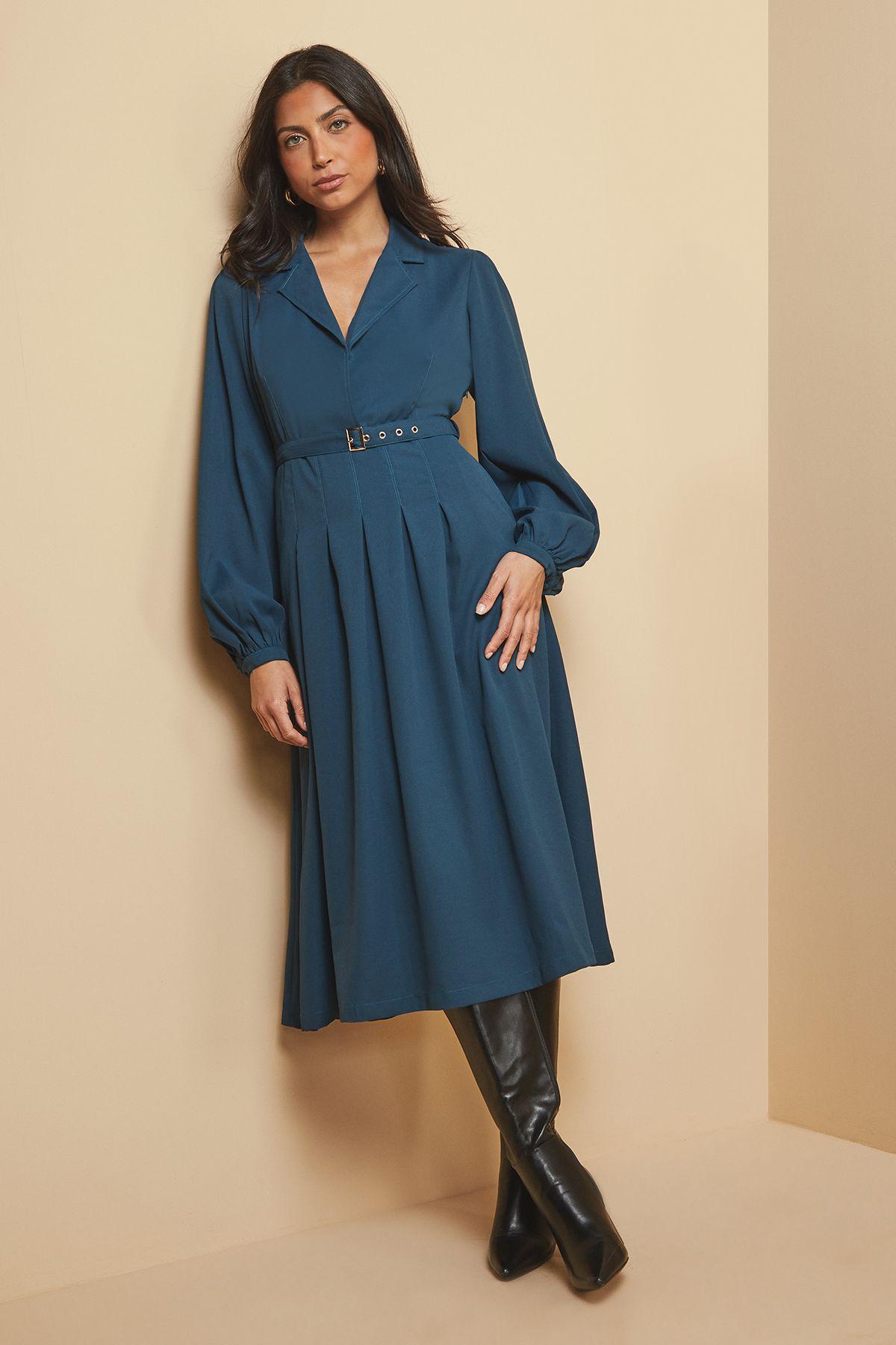 Crepe Collared Belted Midi Dress by WALLIS
