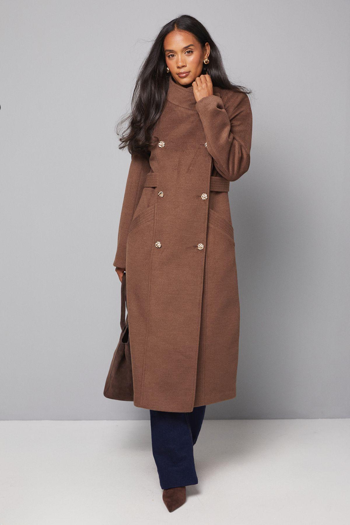 Double Breasted Tab Detail Funnel Coat by WALLIS
