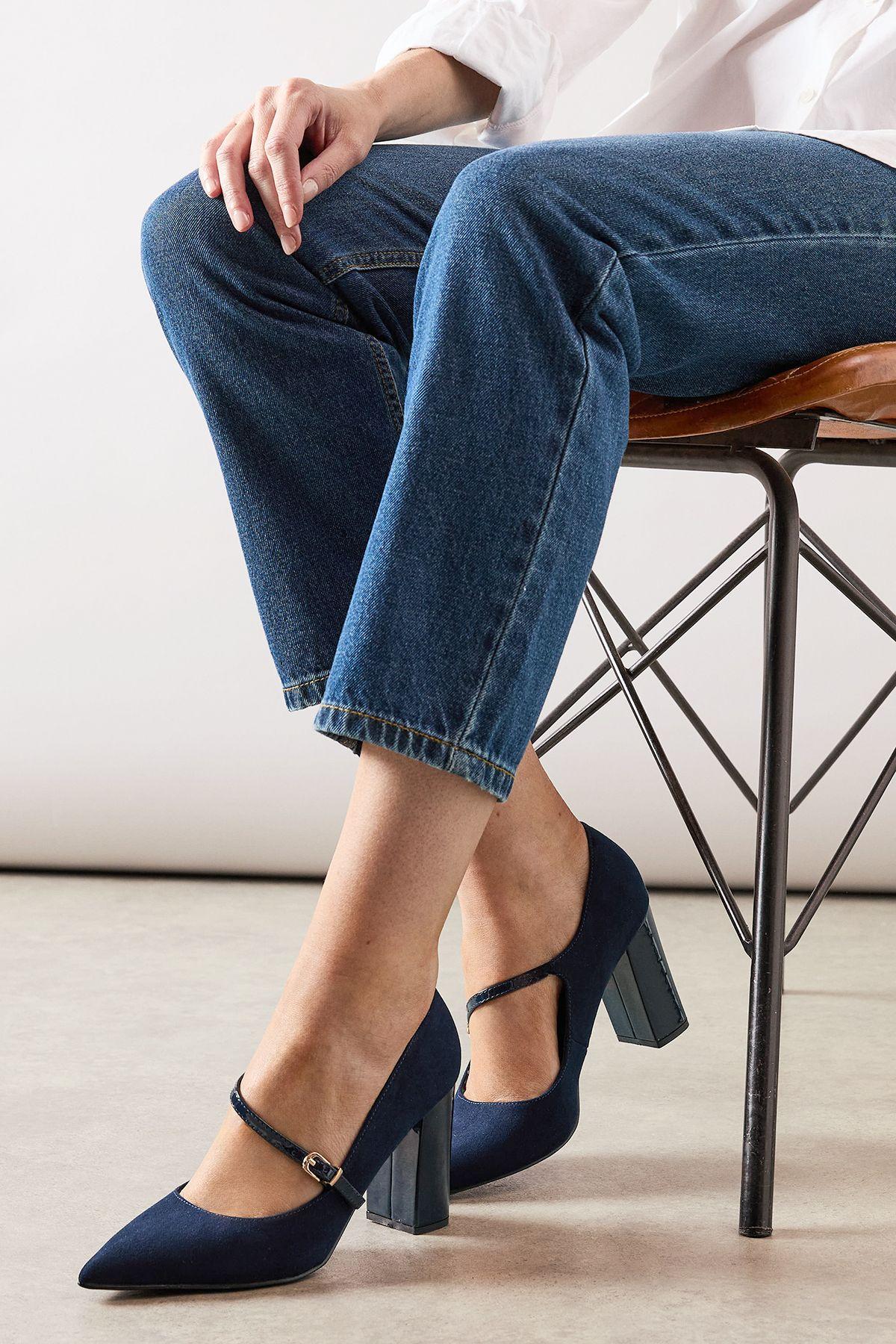 Elodie Faux Suede & Patent Asymmetric Strap Pointed High Block Heel Court Shoes by WALLIS