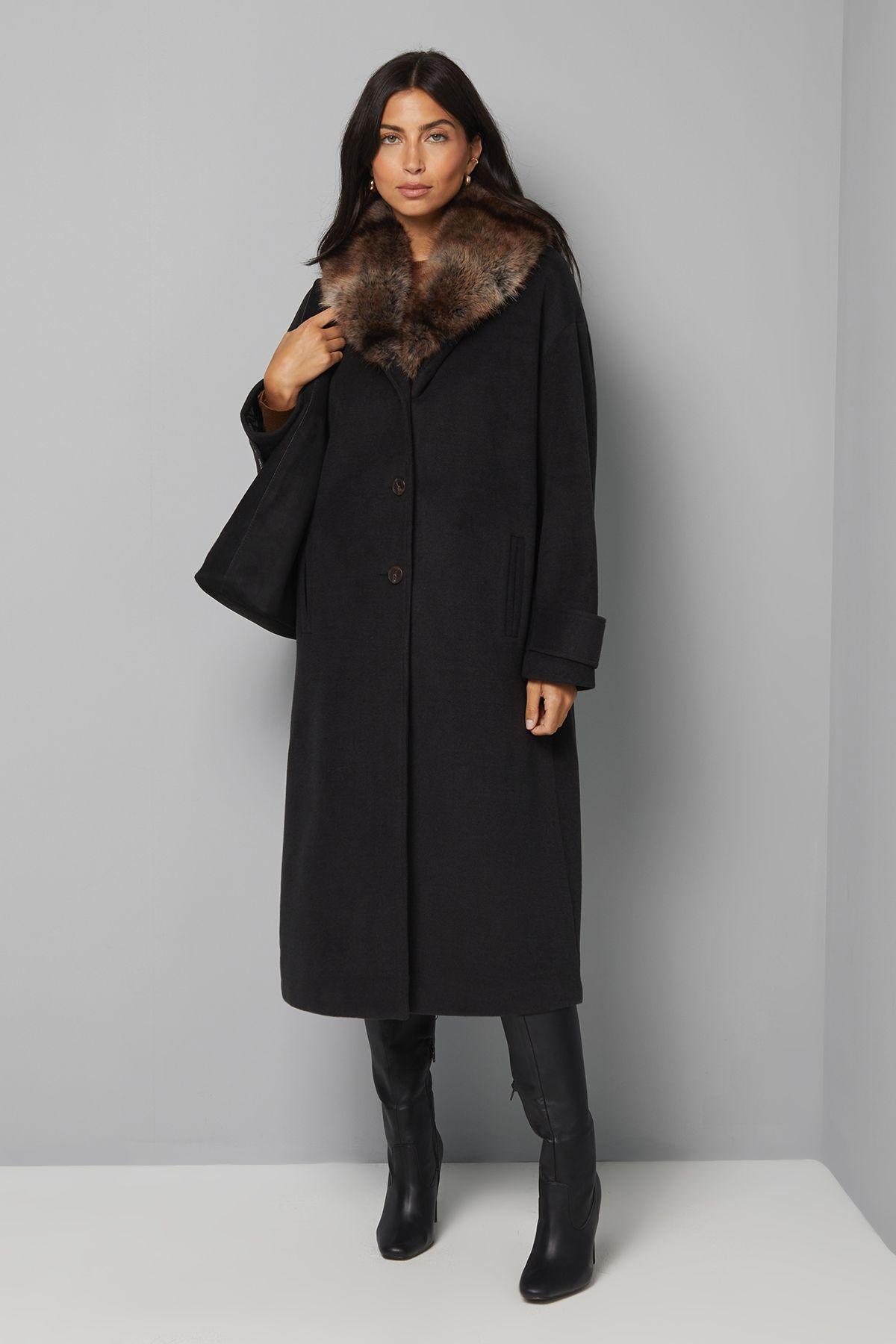 Faux Fur Collar Tab Cuff Coat by WALLIS