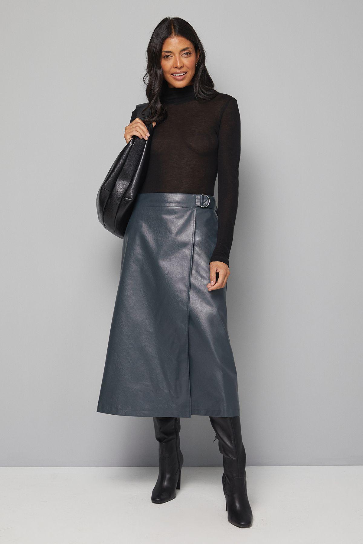 Faux Leather Wrap Midi Skirt by WALLIS