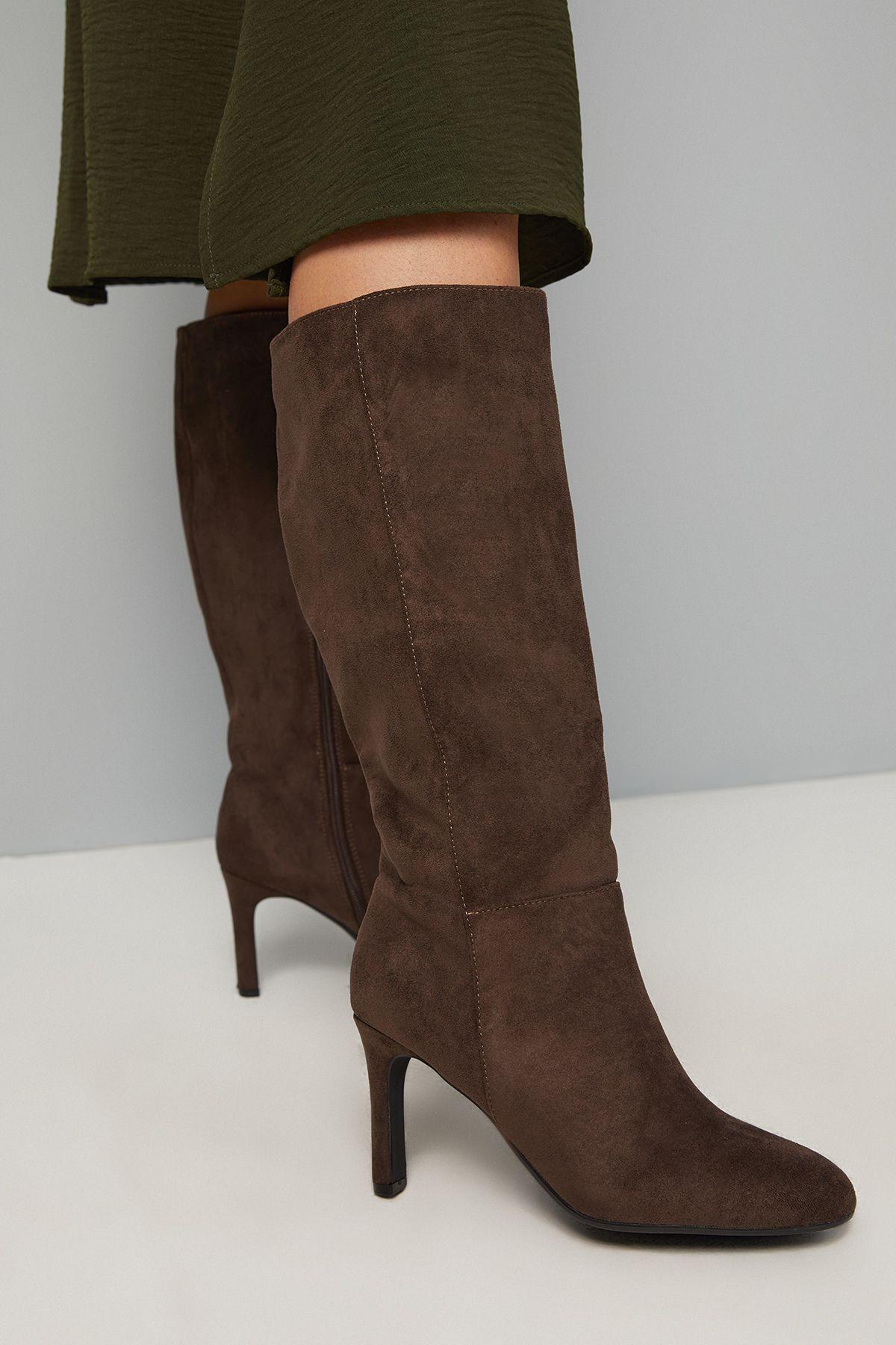 Faux Suede Round Toe High Heel Knee Boots by WALLIS
