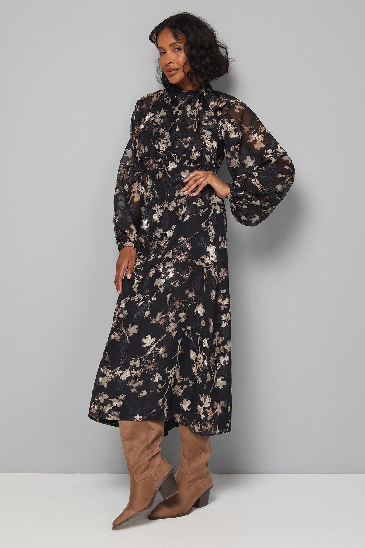 Floral Burn Out Tie Neck Midi Dress by WALLIS
