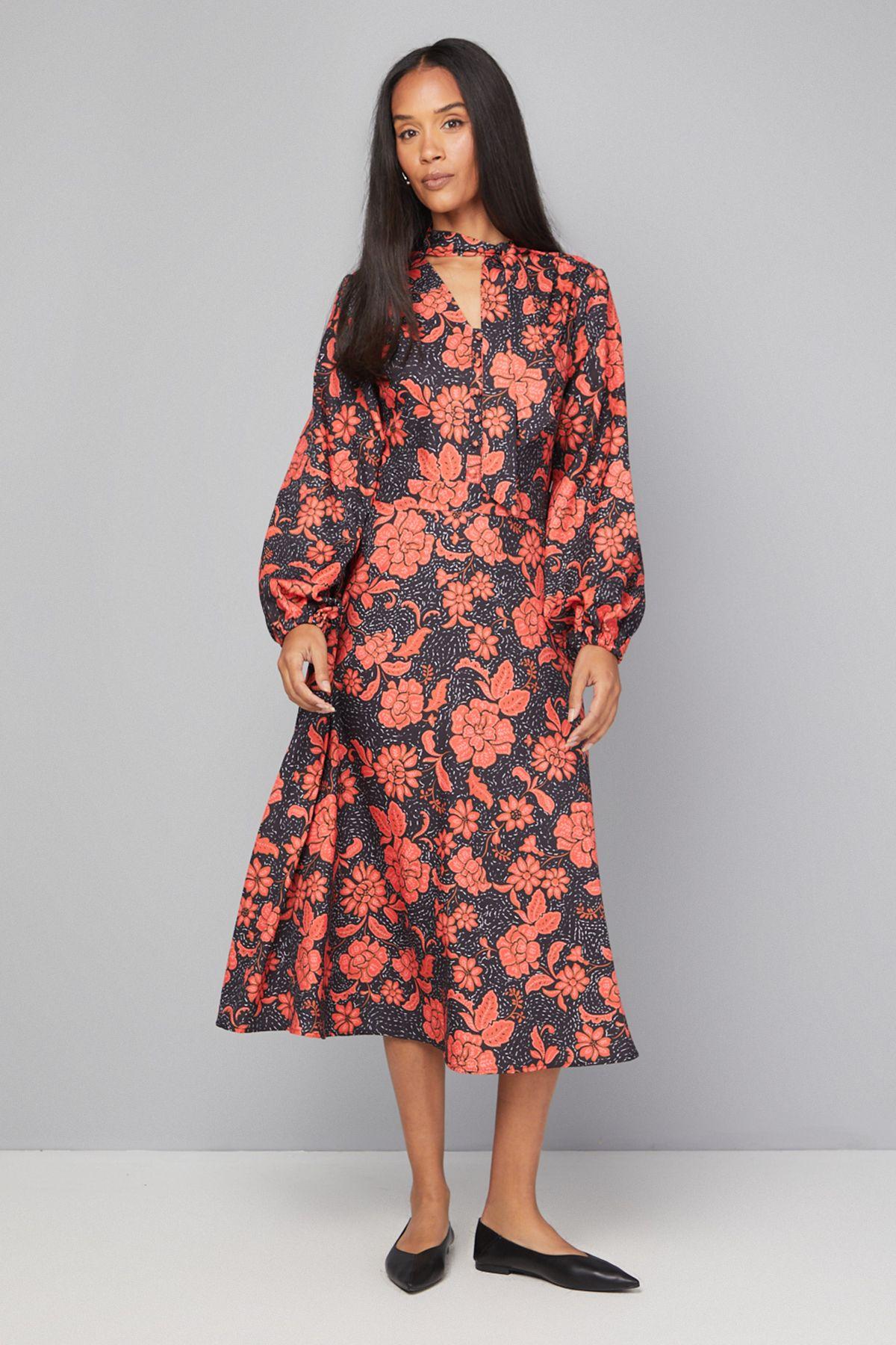 Floral Button Tie Neck Midi Dress by WALLIS