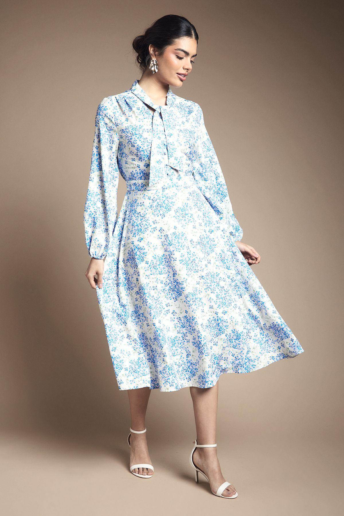 Floral Button Tie Neck Midi Dress by WALLIS