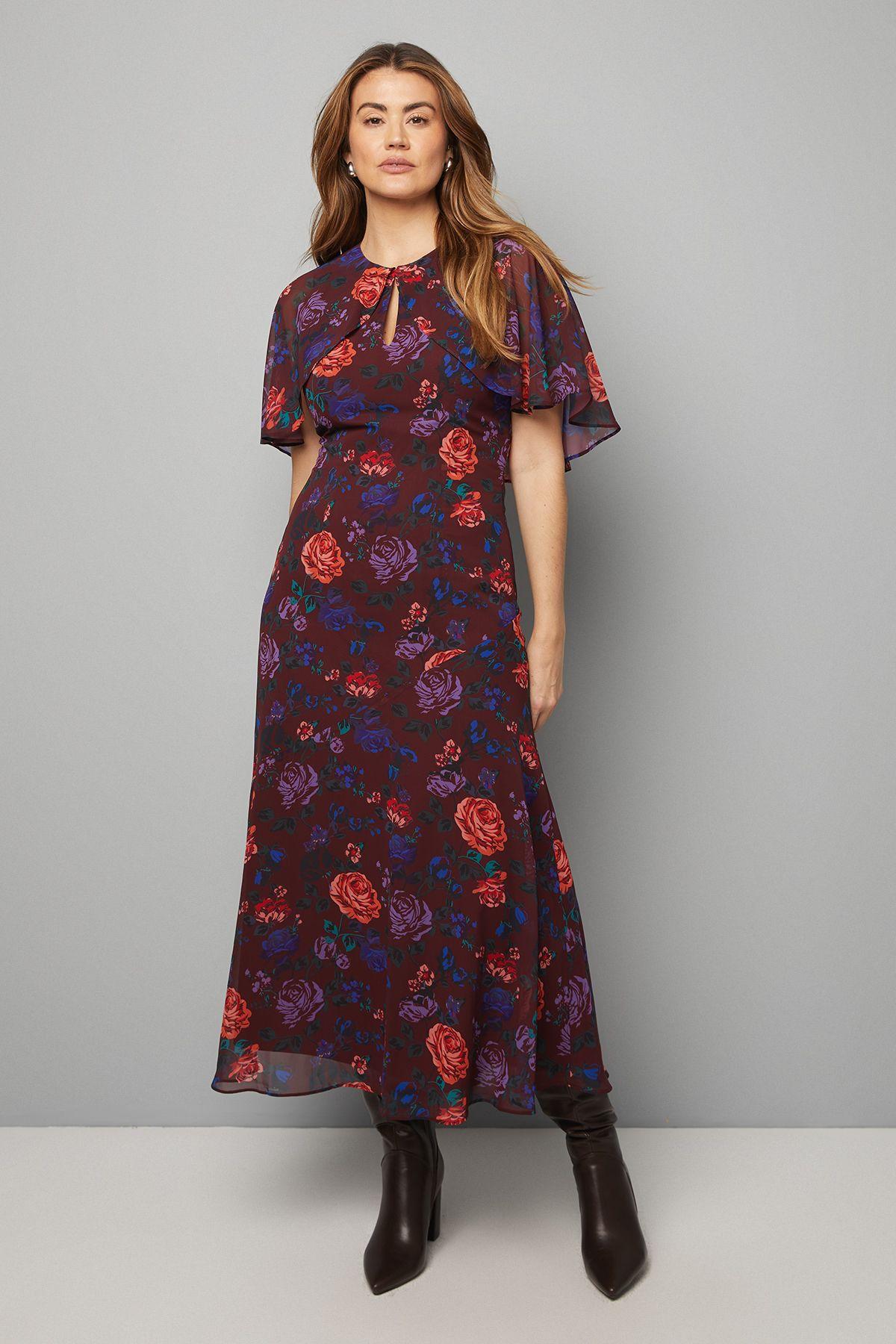 Floral Cape Sleeve Midi Dress by WALLIS