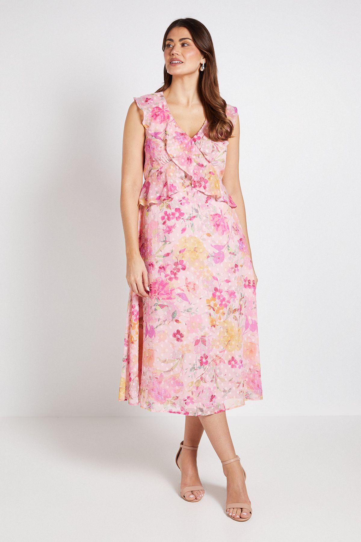 Floral Dobby Ruffle Midi Dress by WALLIS