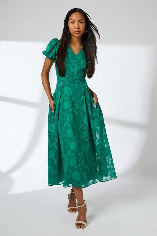 Floral Jacquard Puff Sleeve Midi Dress by WALLIS
