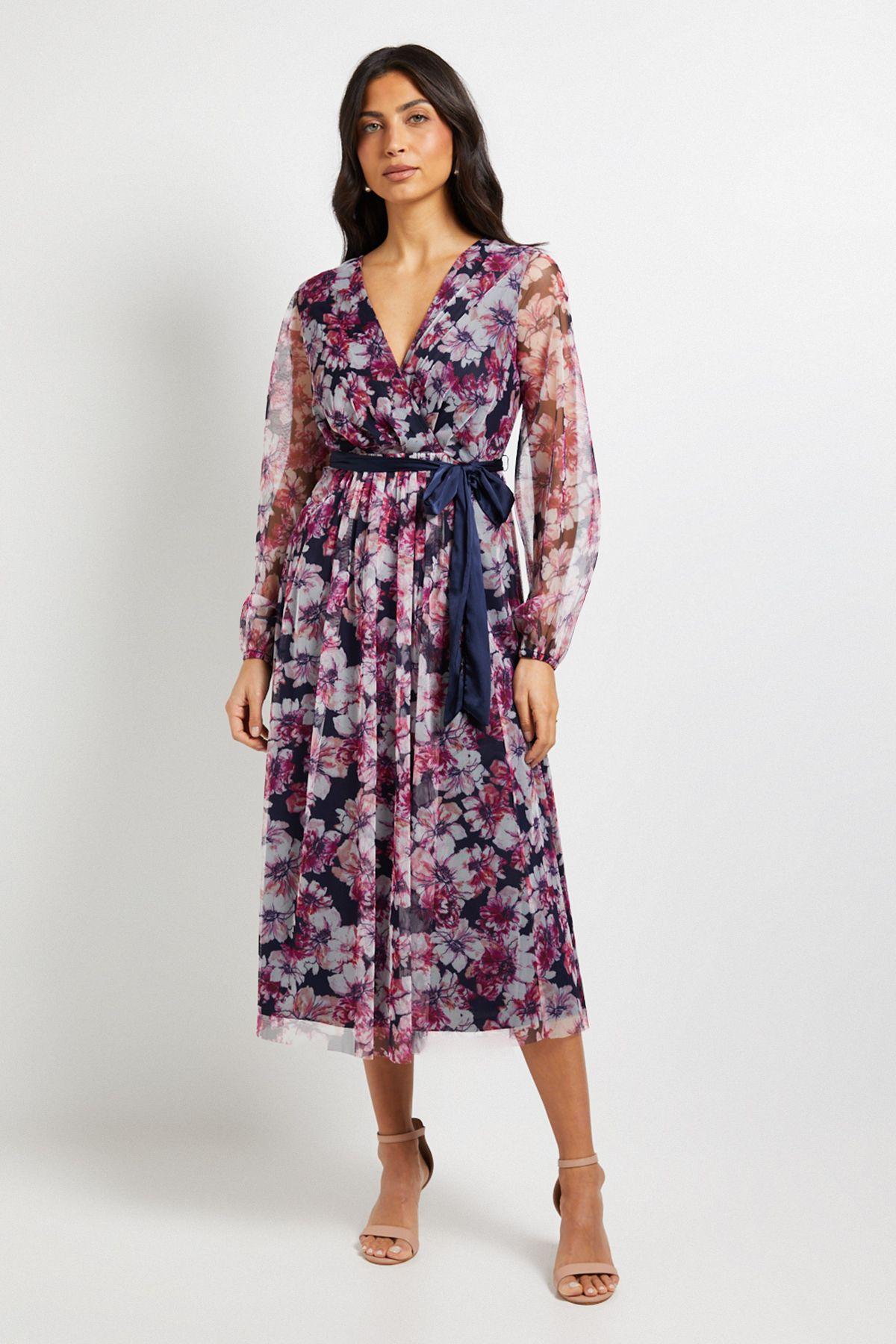 Floral Mesh Satin Tie Midi Dress by WALLIS