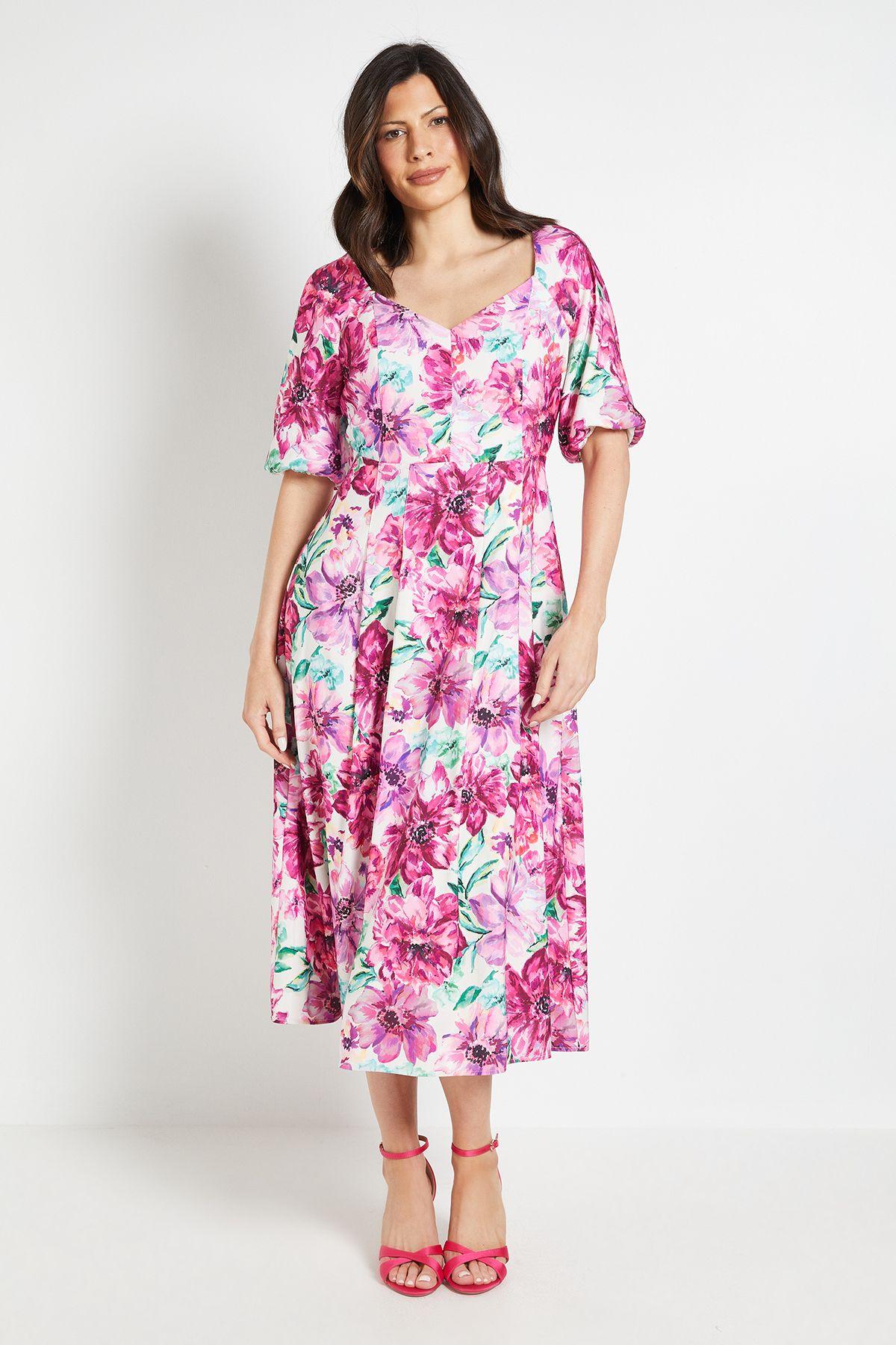 Floral Ottoman Twill Puff Sleeve Midi Dress by WALLIS