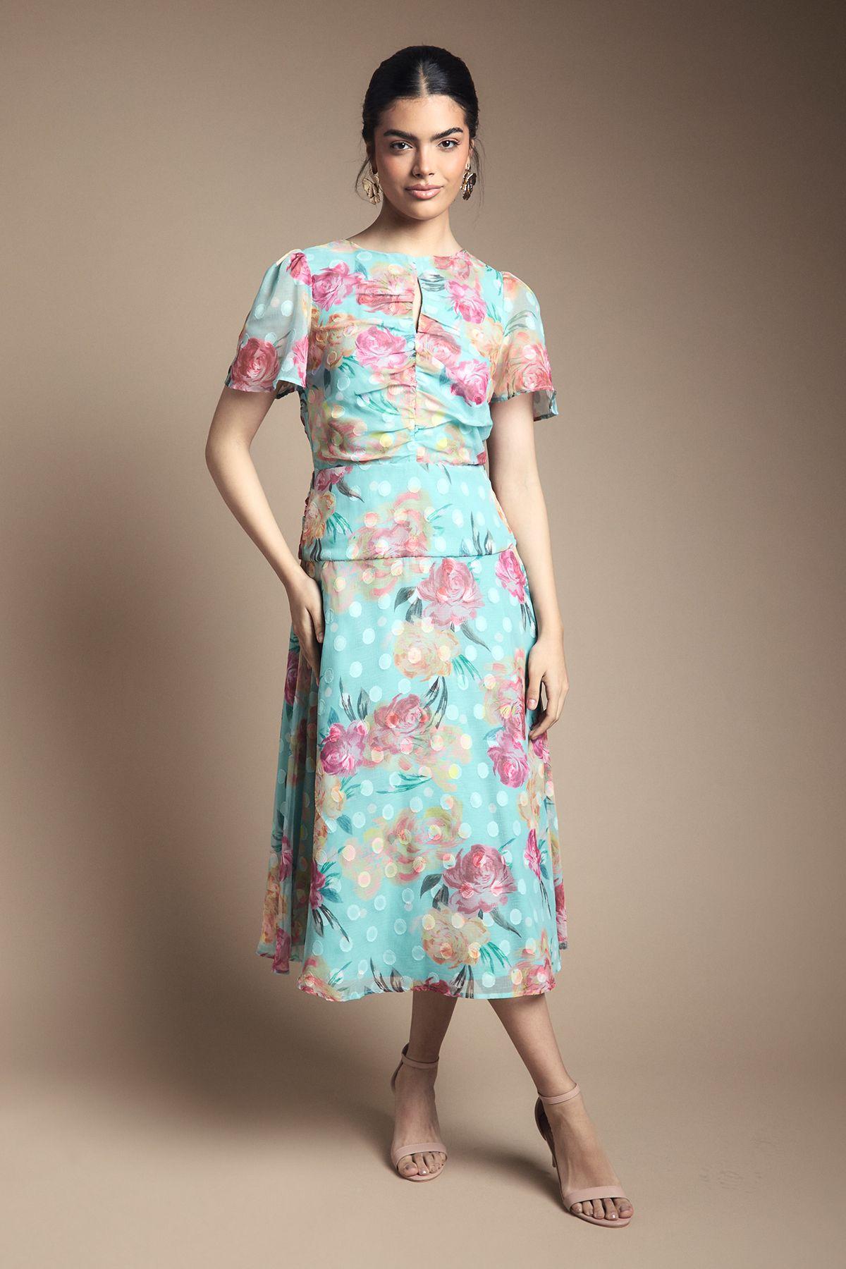 Floral Polka Dot Burn Out Ruched Midi Dress by WALLIS
