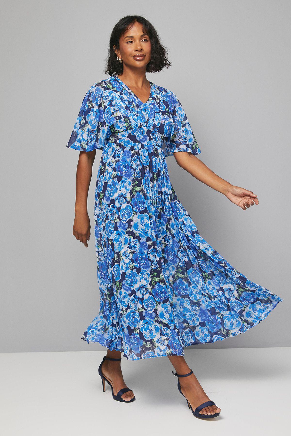 Floral Print Pleated Cape Sleeve Midi Dress by WALLIS