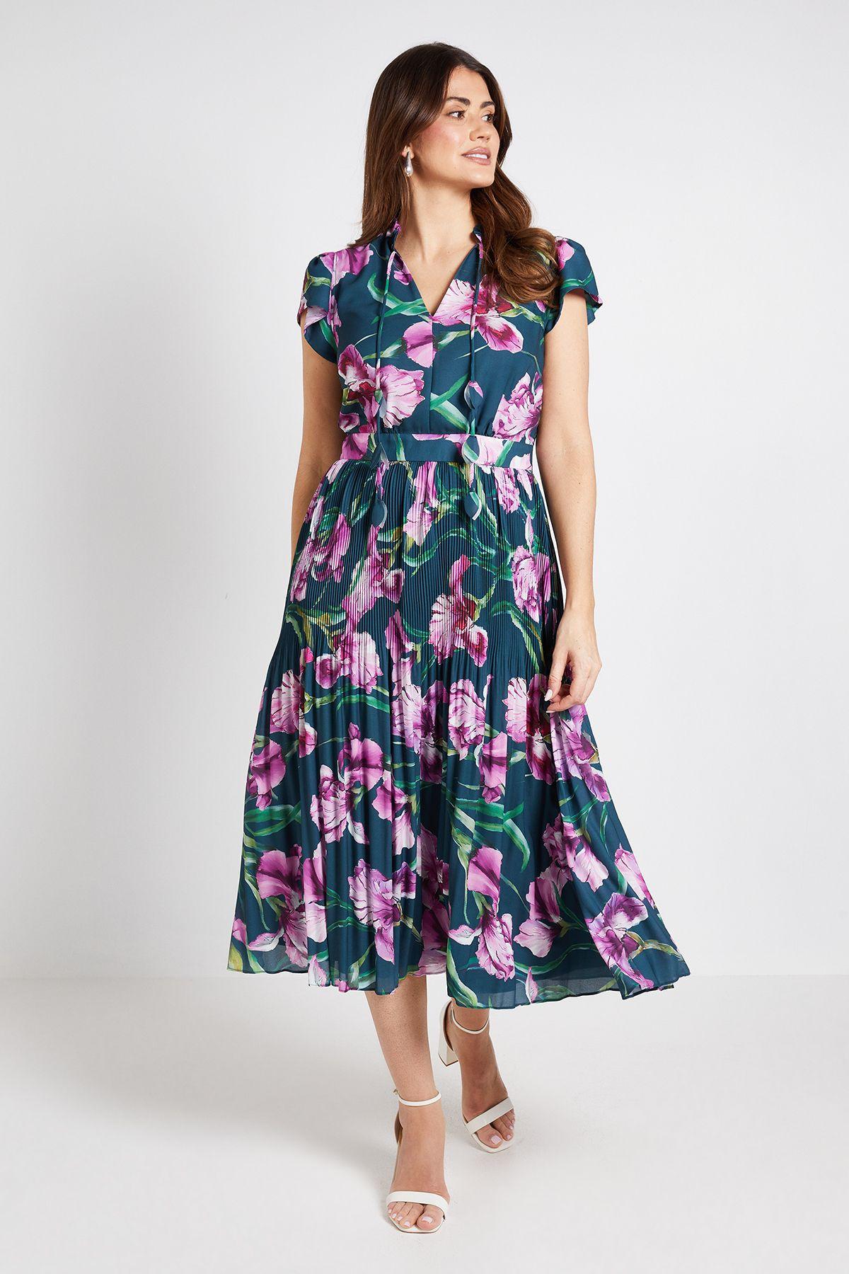 Floral Ruffle Neck Pleated Midi Dress by WALLIS