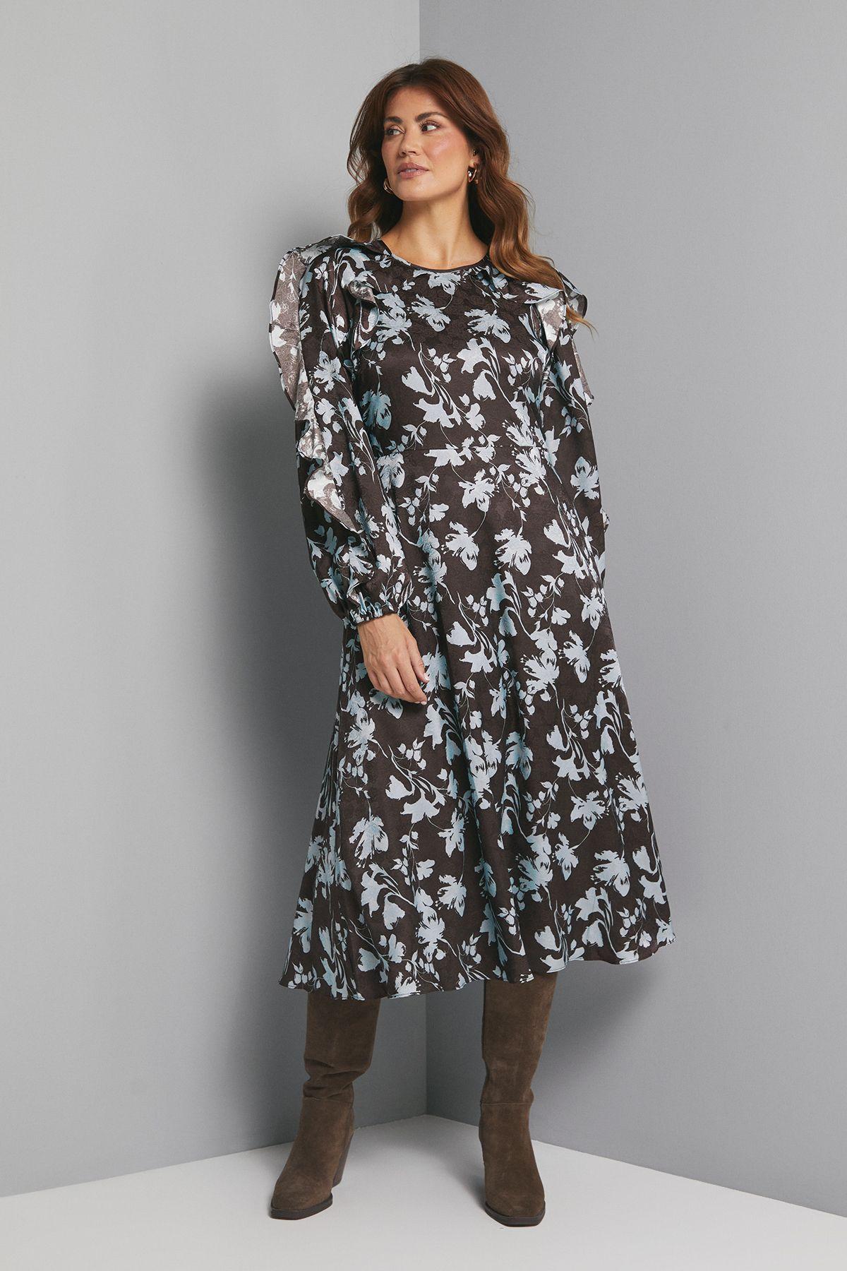 Floral Satin Jacquard Ruffle Midi Dress by WALLIS